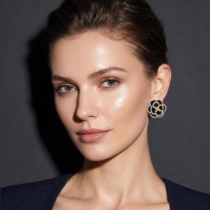 Black Camellia Stud Earrings with Seed Pearl Trim