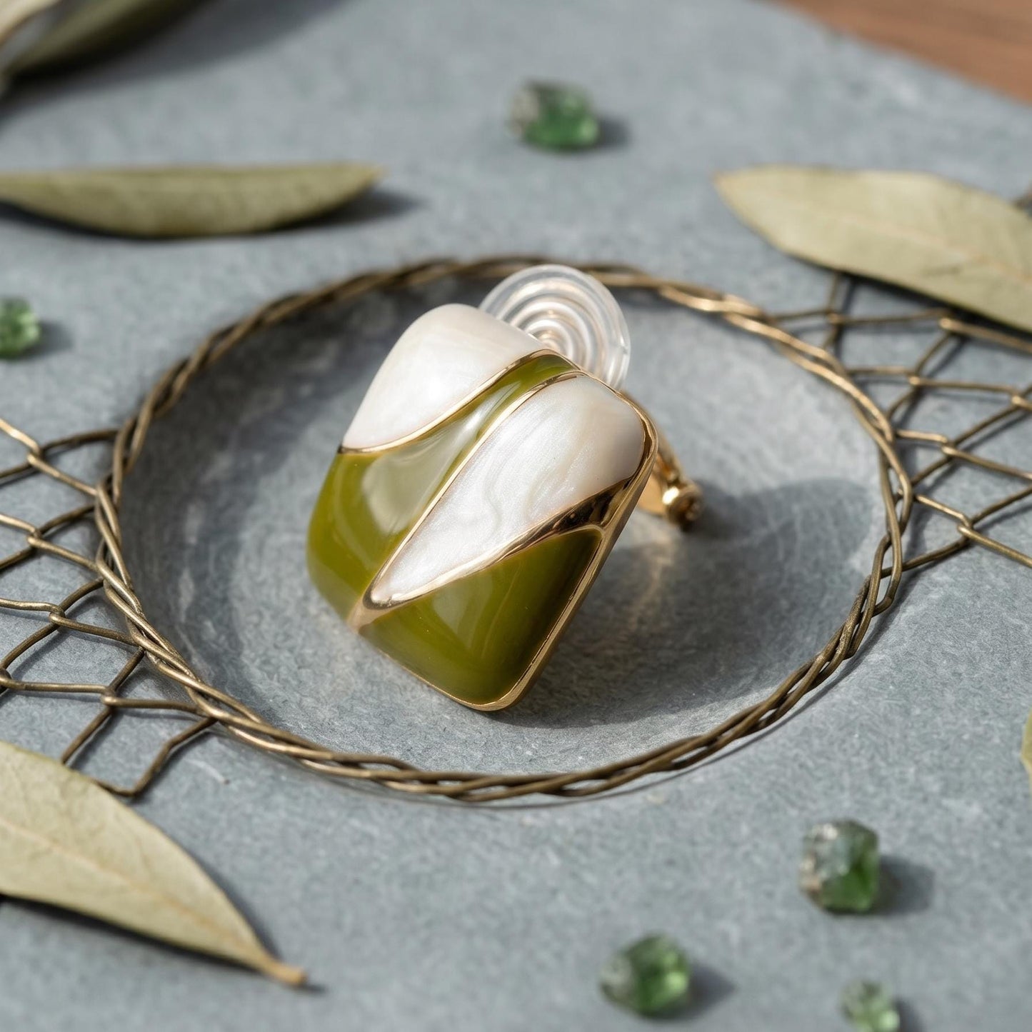 Enamel Clip On Earrings | Olive Green Cream Colorblock | Modern Geometric Jewelry