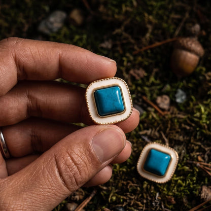 Victorian Turquoise Stud Earrings | Cream Enamel Art Deco Revival