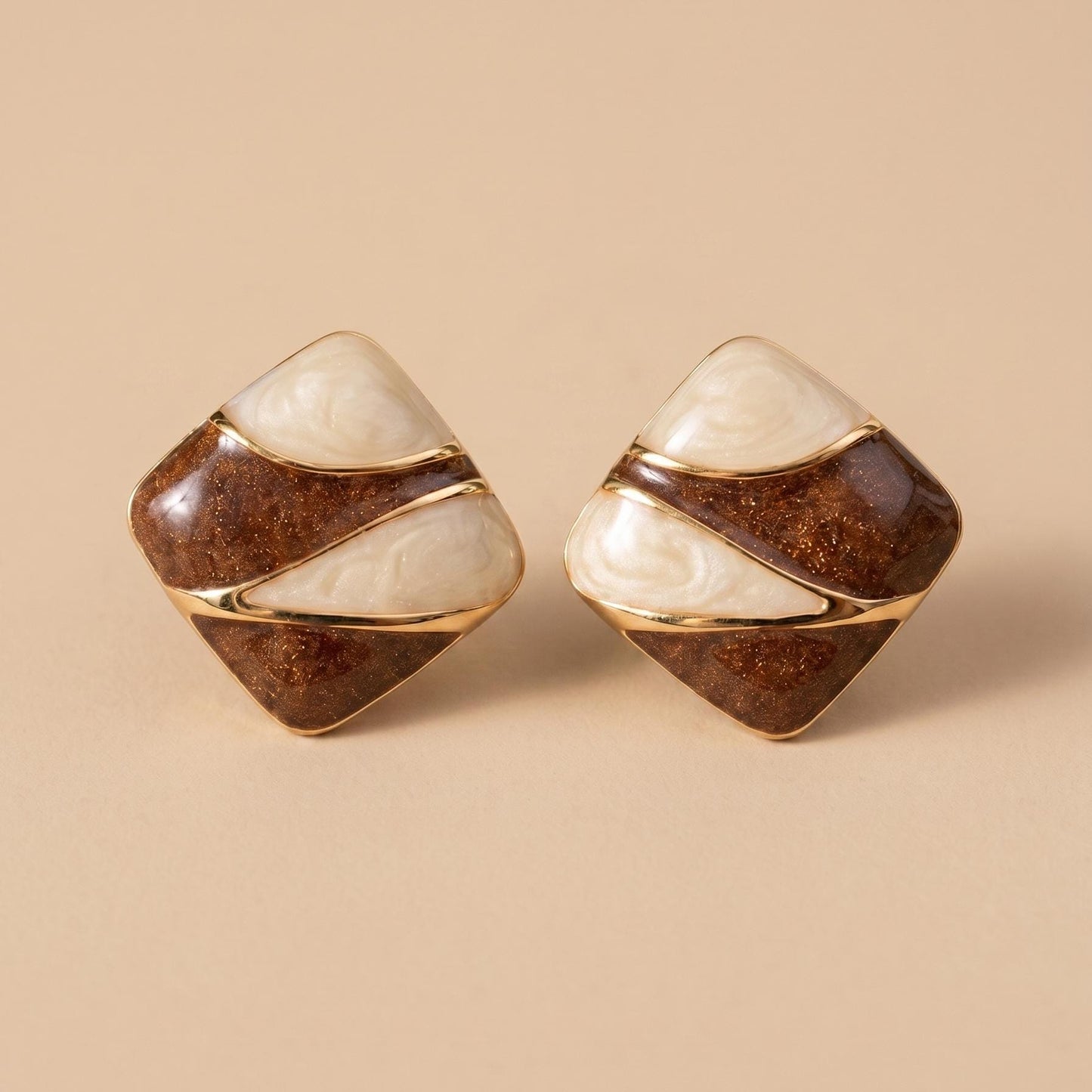 Enamel Stud Earrings | Brown and Cream Colorblock Square Design