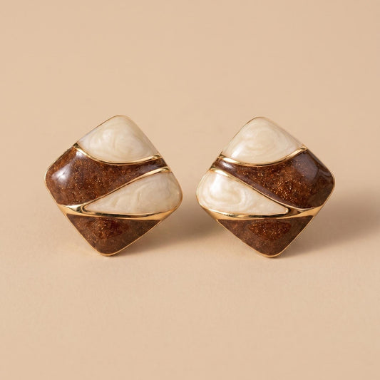 Enamel Stud Earrings | Brown and Cream Colorblock Square Design