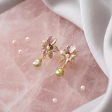 Pink Floral Drop Earrings | Pearl Dangle | 18k Gold Plated