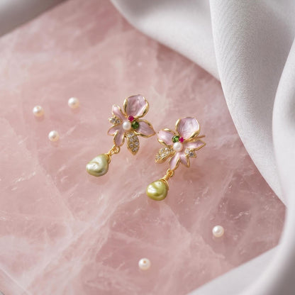 Pink Floral Drop Earrings | Pearl Dangle | 18k Gold Plated