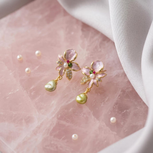 Pink Floral Drop Earrings | Pearl Dangle | 18k Gold Plated