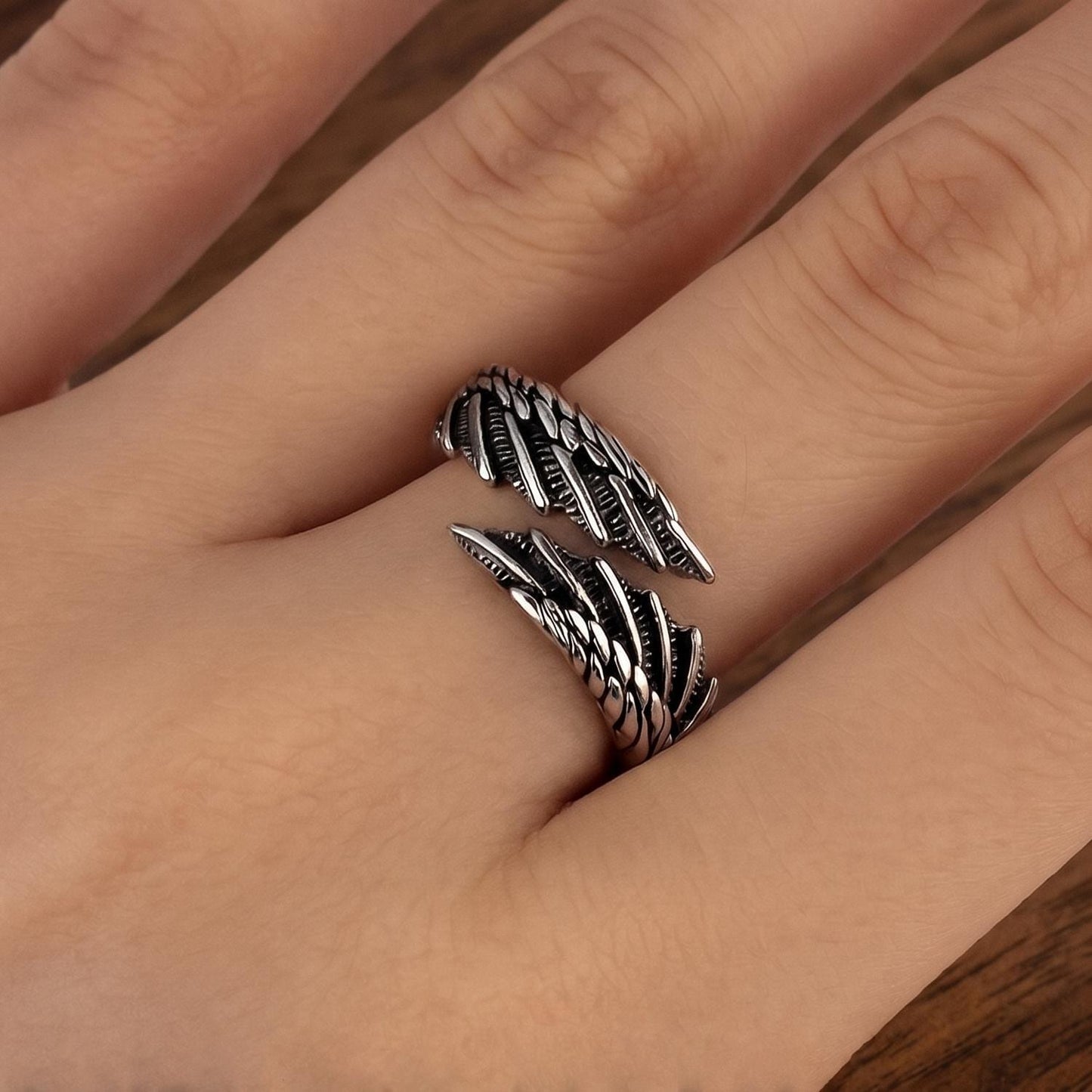 Unisex Sterling Silver Wing Ring - Adjustable 925 Angel Feather Band Jewelry for Men & Women