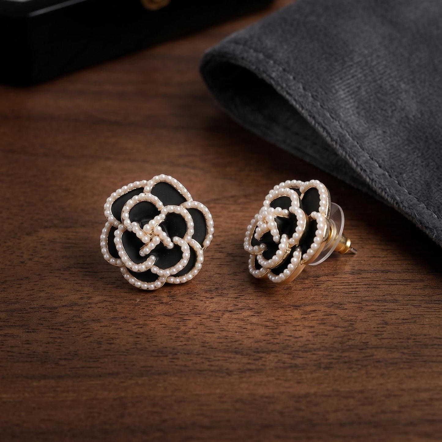 Black Camellia Stud Earrings with Seed Pearl Trim