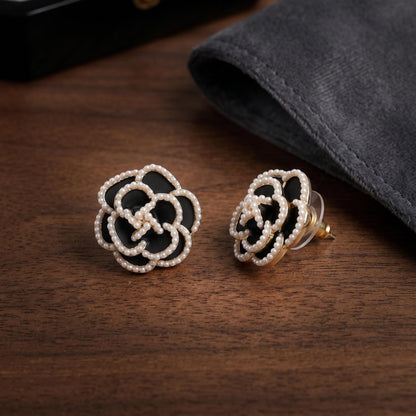 Black Camellia Stud Earrings with Seed Pearl Trim