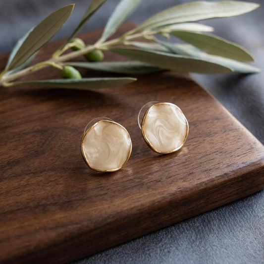 Pearlescent Round Stud Earrings | Minimalist Cream Enamel Button Earrings