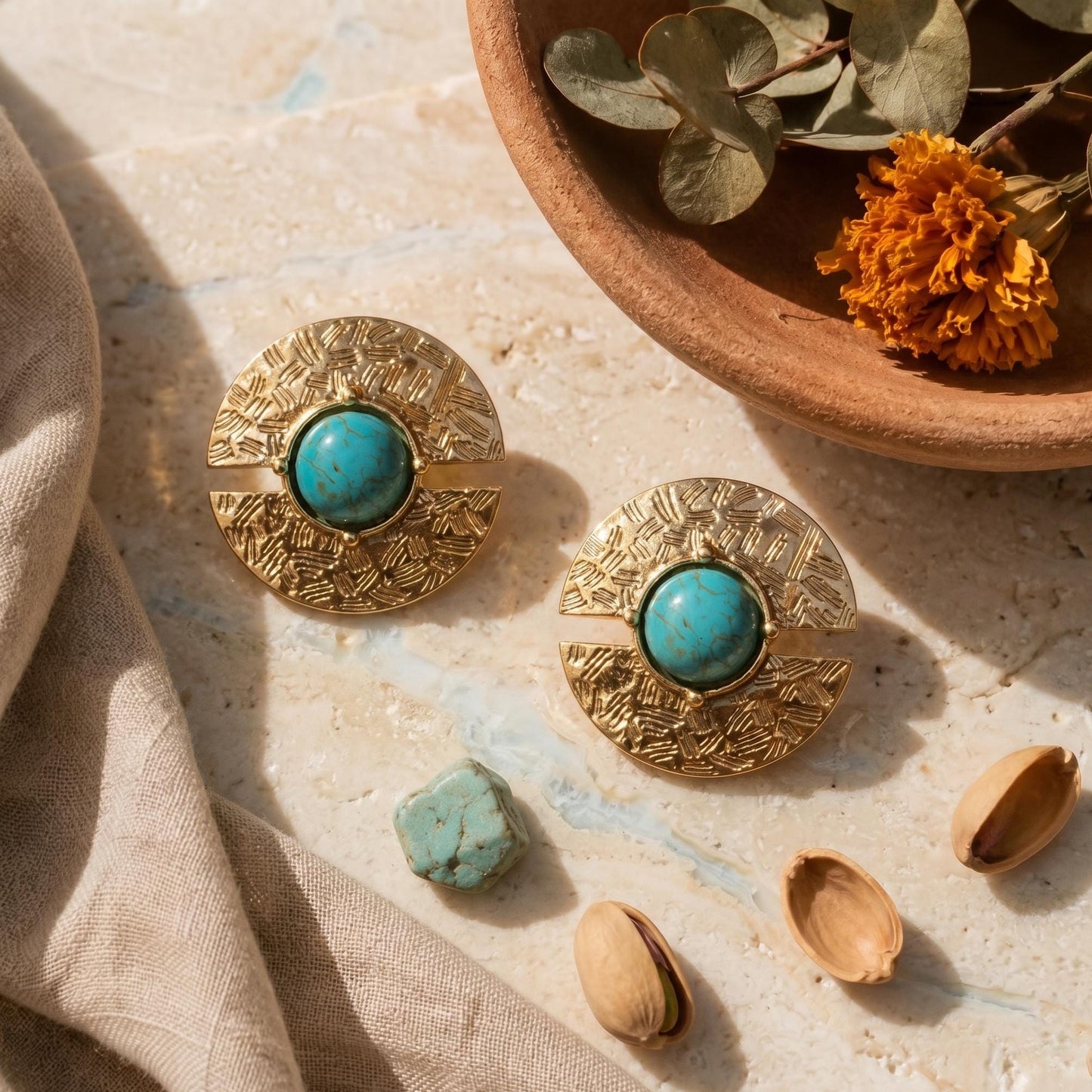 Gold Disc Coin Turquoise Stud Earrings Boho Statement Vintage Jewelry