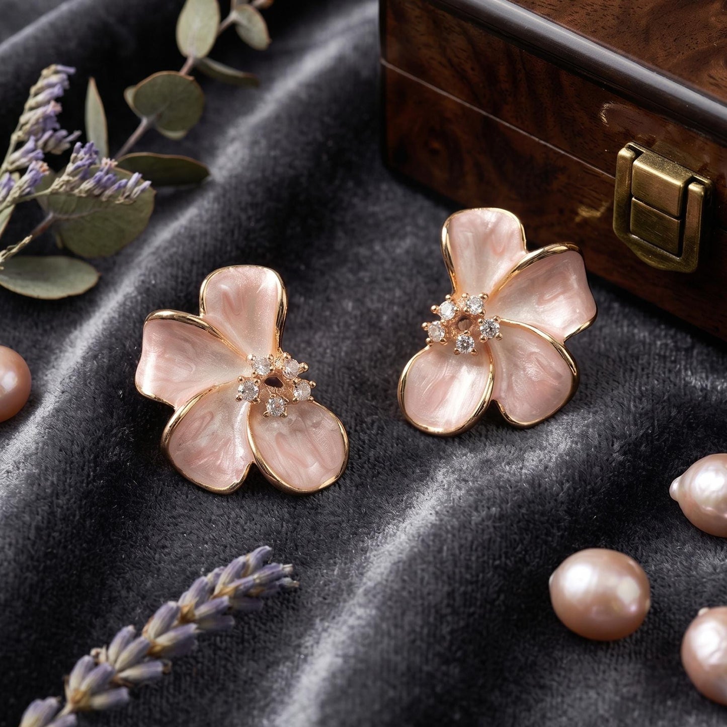 Pink Enamel Cherry Blossom Stud Earrings | Sakura Floral Jewelry