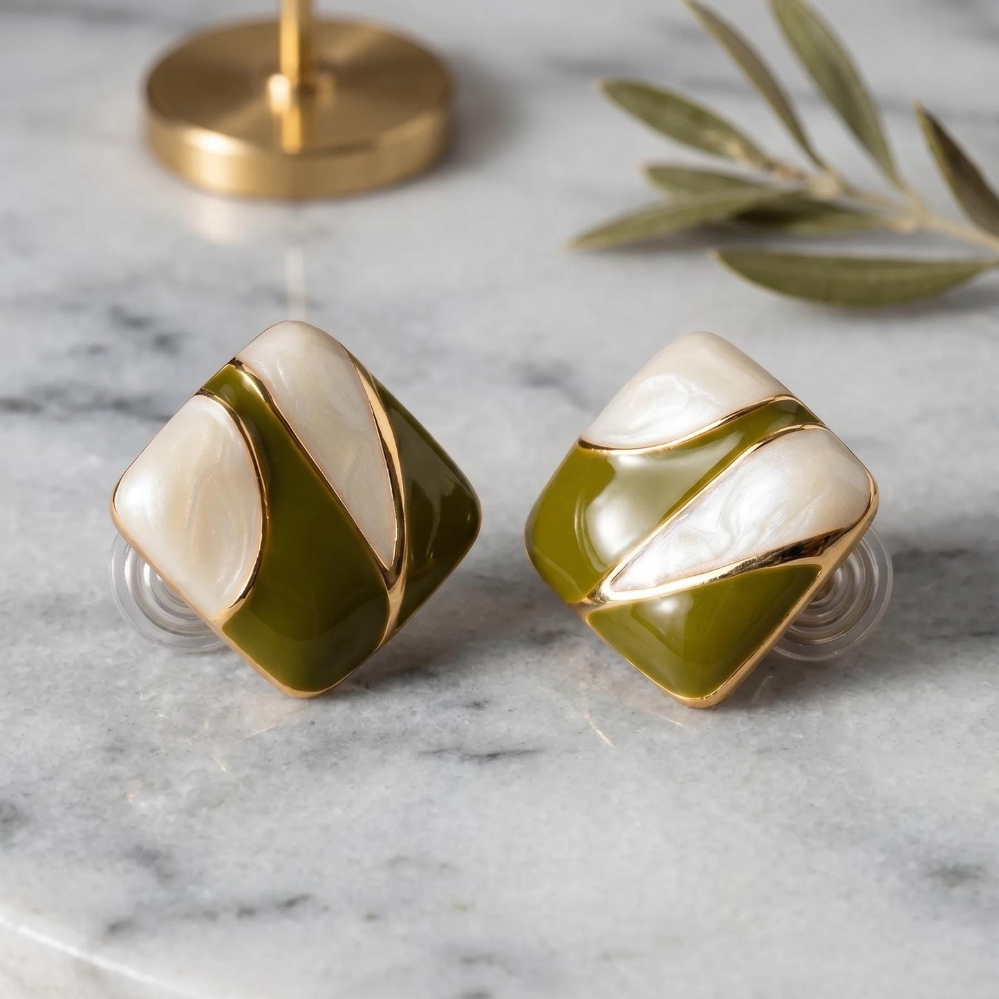 Enamel Clip On Earrings | Olive Green Cream Colorblock | Modern Geometric Jewelry