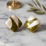 Enamel Clip On Earrings | Olive Green Cream Colorblock | Modern Geometric Jewelry