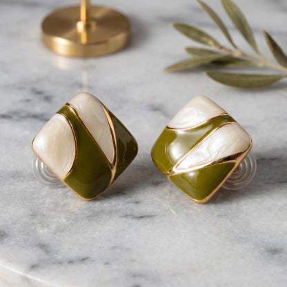 Enamel Clip On Earrings | Olive Green Cream Colorblock | Modern Geometric Jewelry