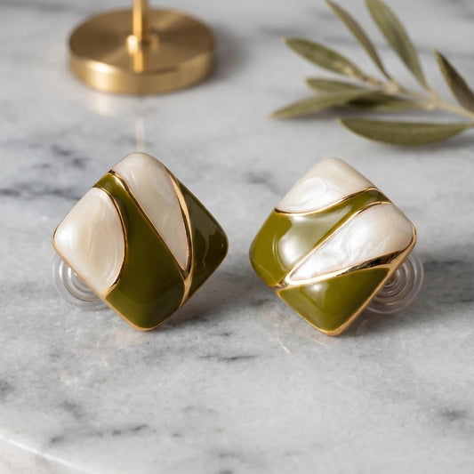 Enamel Clip On Earrings | Olive Green Cream Colorblock | Modern Geometric Jewelry