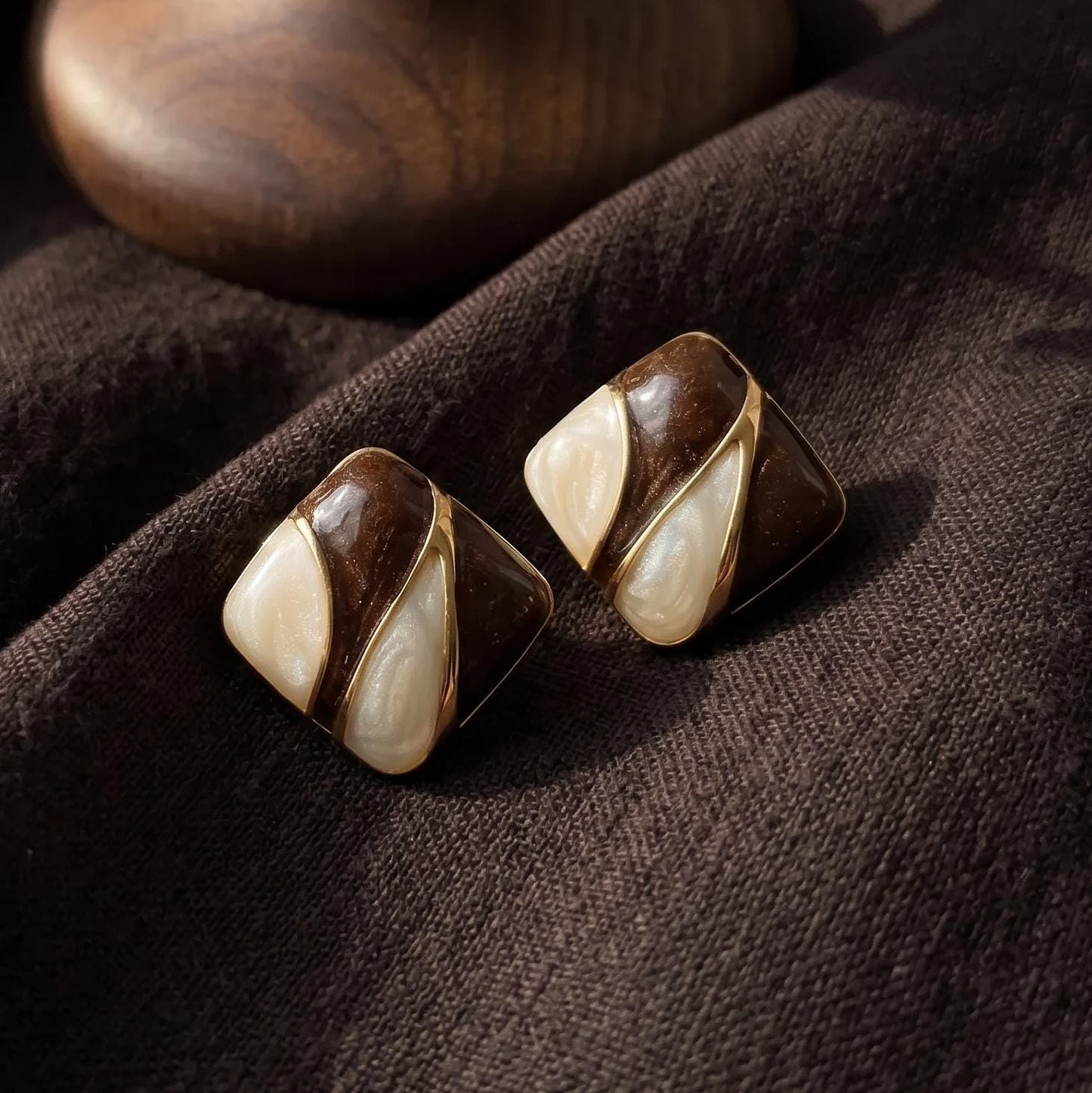 Enamel Stud Earrings | Brown and Cream Colorblock Square Design