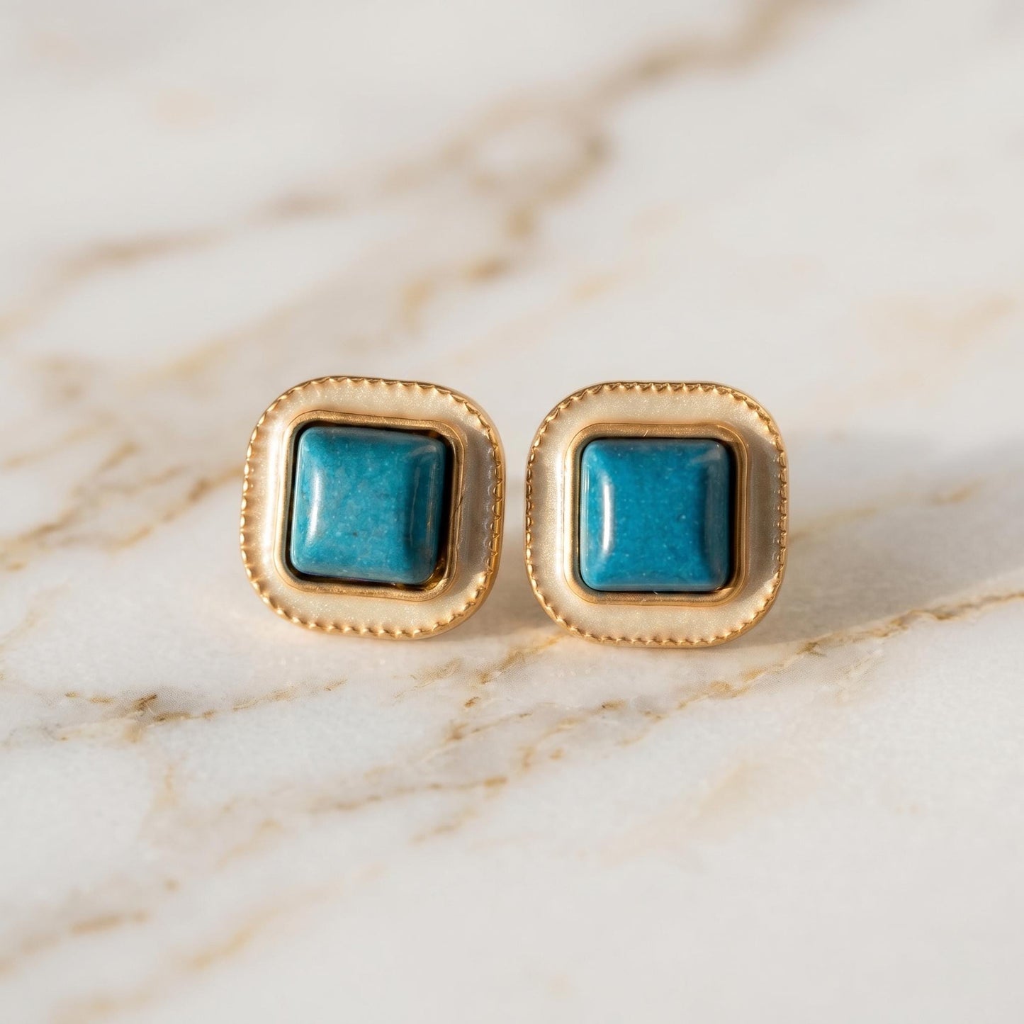 Victorian Turquoise Stud Earrings | Cream Enamel Art Deco Revival