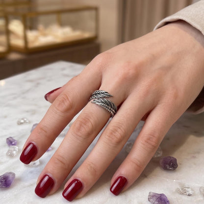 Unisex Sterling Silver Wing Ring - Adjustable 925 Angel Feather Band Jewelry for Men & Women