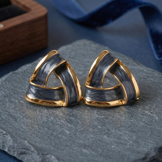 Modern Woven Triangle Stud Earrings, Slate Blue Enamel Geometric Jewelry