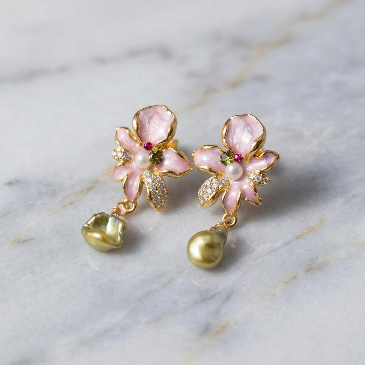 Pink Floral Drop Earrings | Pearl Dangle | 18k Gold Plated