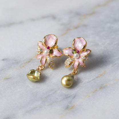 Pink Floral Drop Earrings | Pearl Dangle | 18k Gold Plated