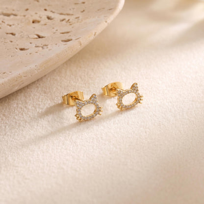 18K Gold Plated Tiny Cat Pave Stud Earrings | Everyday Earrings