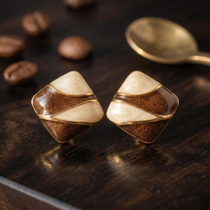 Enamel Stud Earrings | Brown and Cream Colorblock Square Design