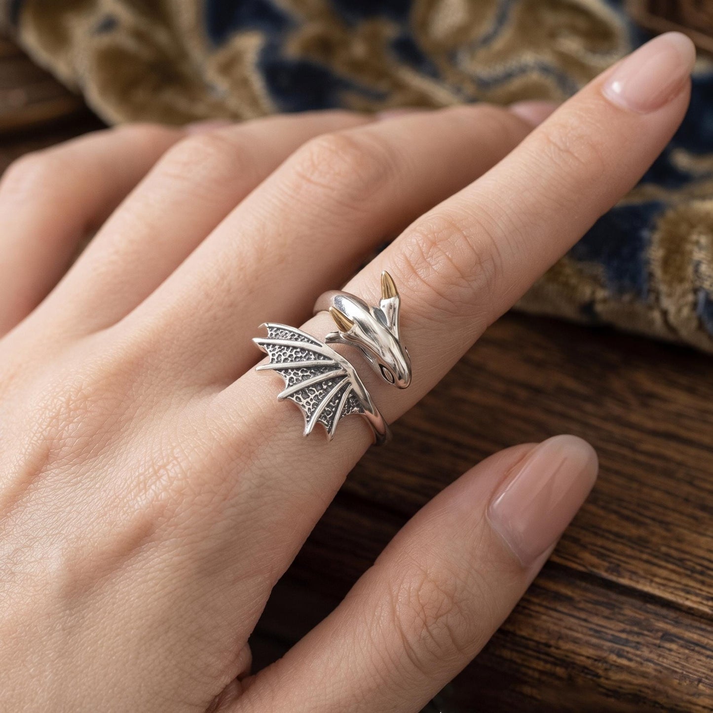 Dragon Wing Ring in Sterling Silver Adjustable, Fantasy Gothic Statement Jewelry