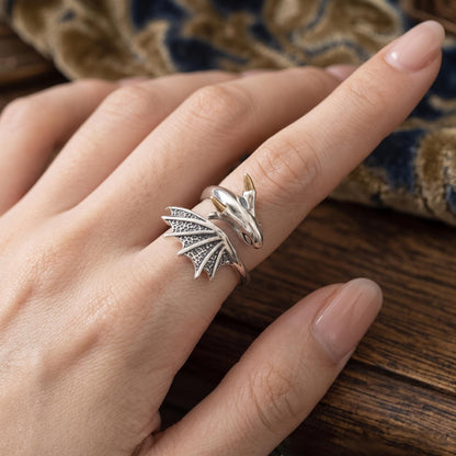Dragon Wing Ring in Sterling Silver Adjustable, Fantasy Gothic Statement Jewelry
