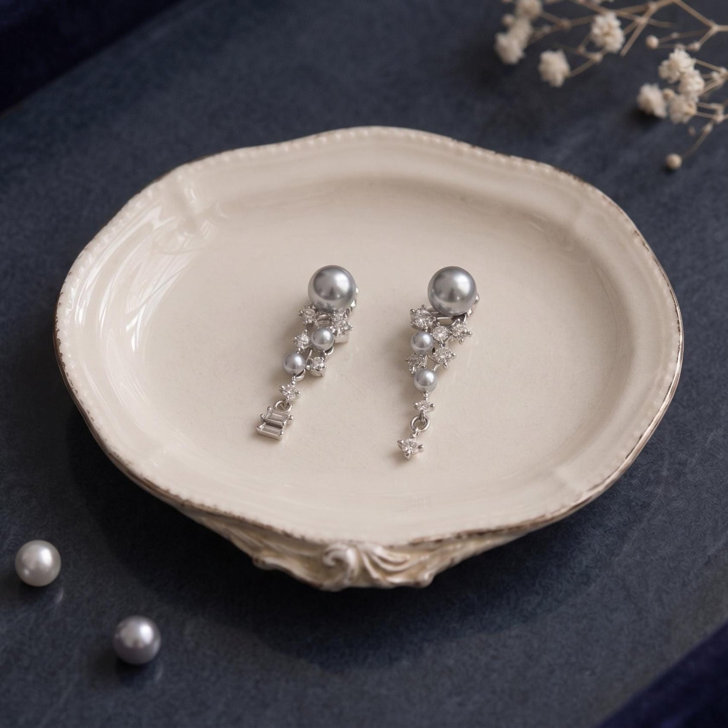 Silver Gray Pearl Drop Earrings, Asymmetric Cluster with Zircon Scatter Charm