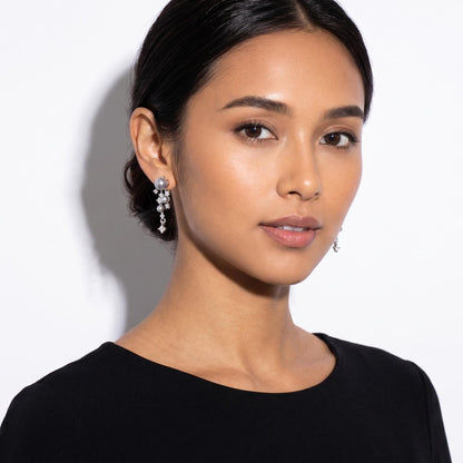 Silver Gray Pearl Drop Earrings, Asymmetric Cluster with Zircon Scatter Charm