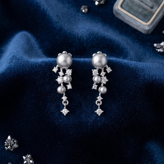 Silver Gray Pearl Drop Earrings, Asymmetric Cluster with Zircon Scatter Charm