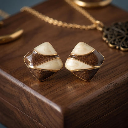 Enamel Stud Earrings | Brown and Cream Colorblock Square Design