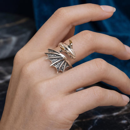 Dragon Wing Ring in Sterling Silver Adjustable, Fantasy Gothic Statement Jewelry