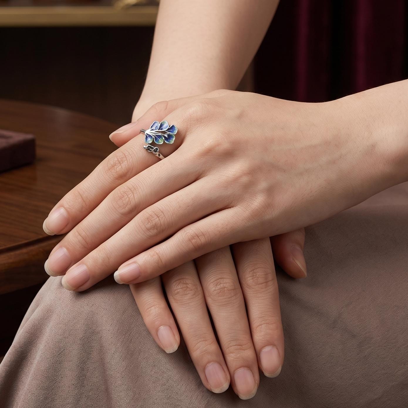 Blue Enamel Peacock Feather Ring | Adjustable Silver Tone Statement Ring