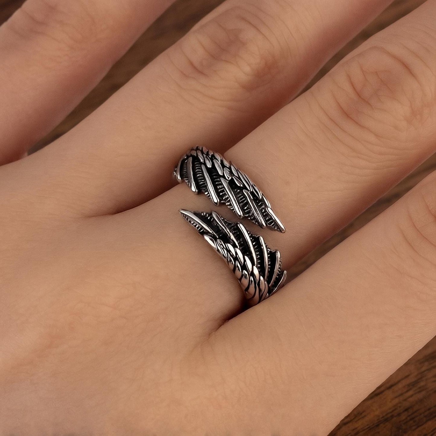 Unisex Sterling Silver Wing Ring - Adjustable 925 Angel Feather Band Jewelry for Men & Women
