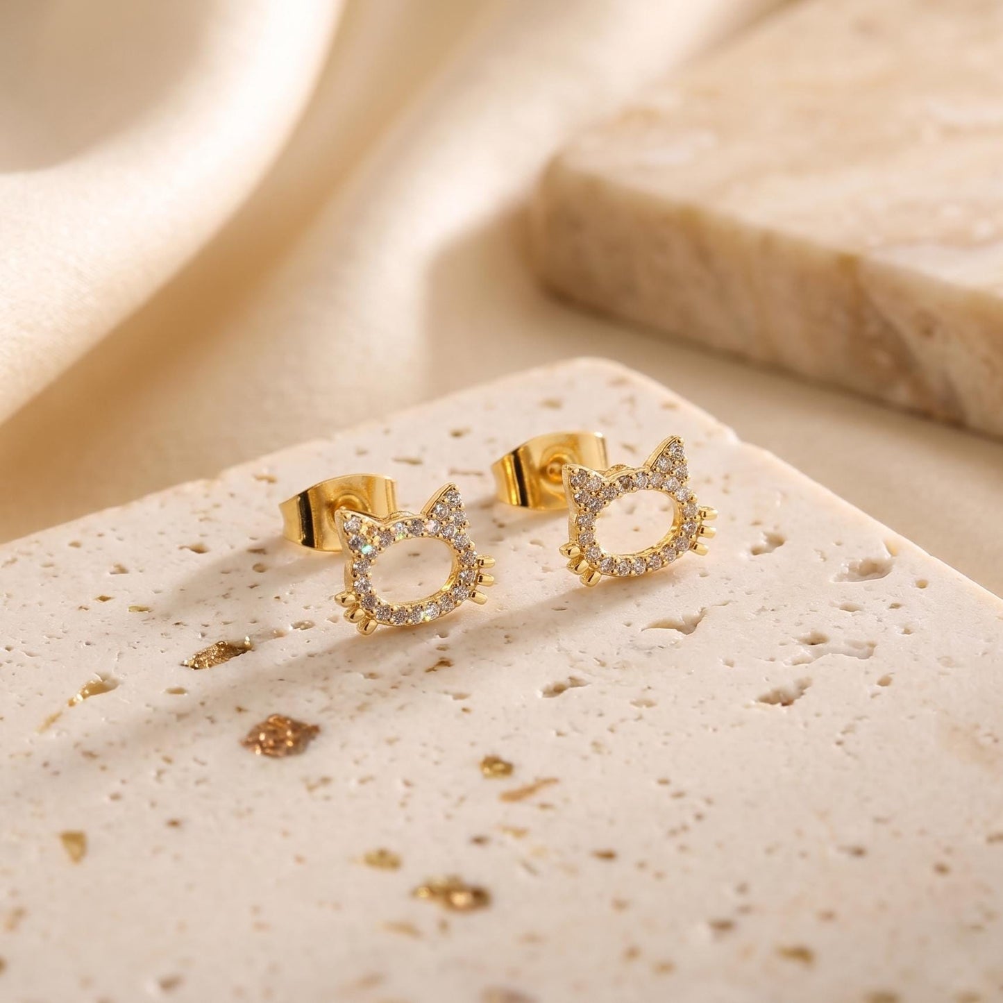 18K Gold Plated Tiny Cat Pave Stud Earrings | Everyday Earrings