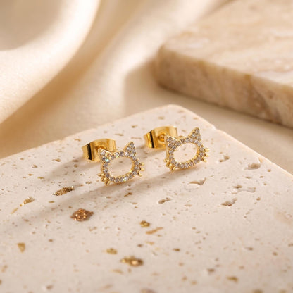 18K Gold Plated Tiny Cat Pave Stud Earrings | Everyday Earrings