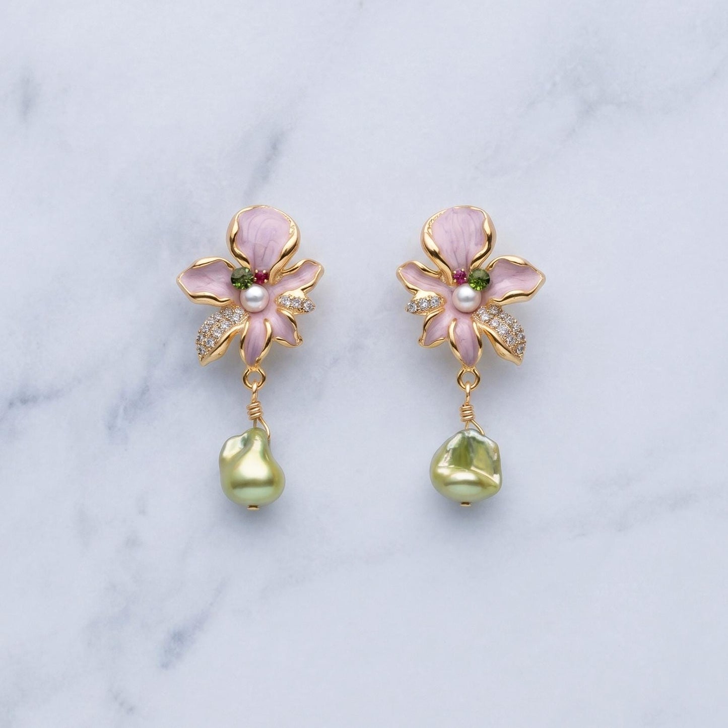 Pink Floral Drop Earrings | Pearl Dangle | 18k Gold Plated