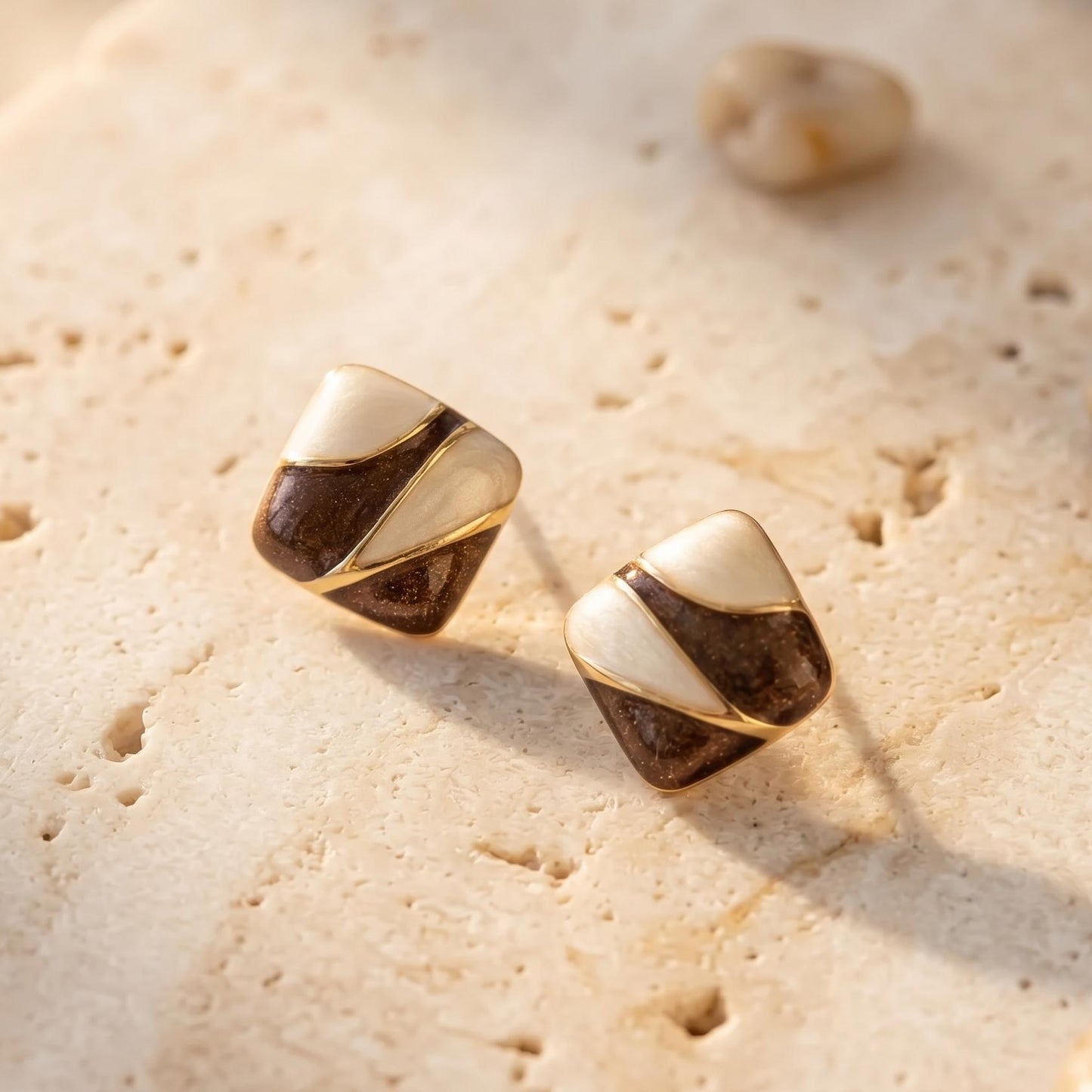 Enamel Stud Earrings | Brown and Cream Colorblock Square Design