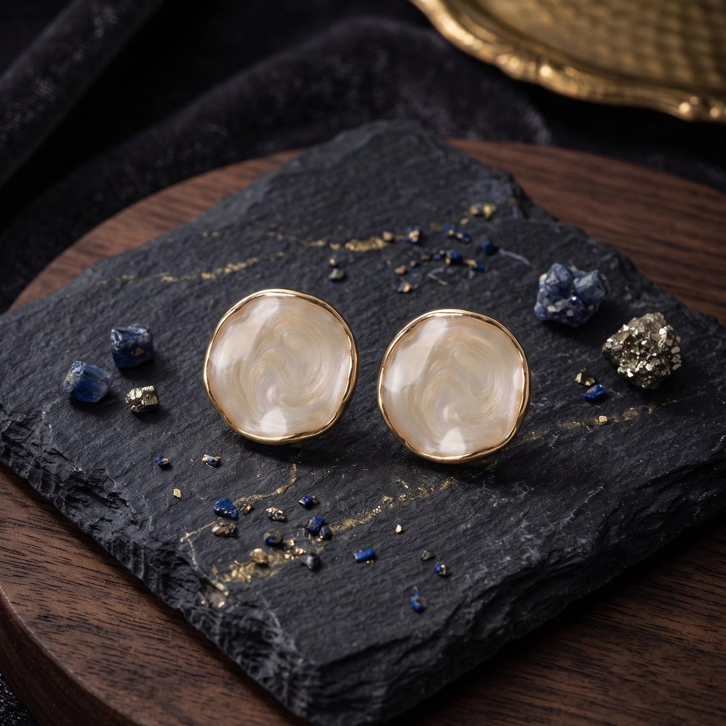 Pearlescent Round Stud Earrings | Minimalist Cream Enamel Button Earrings