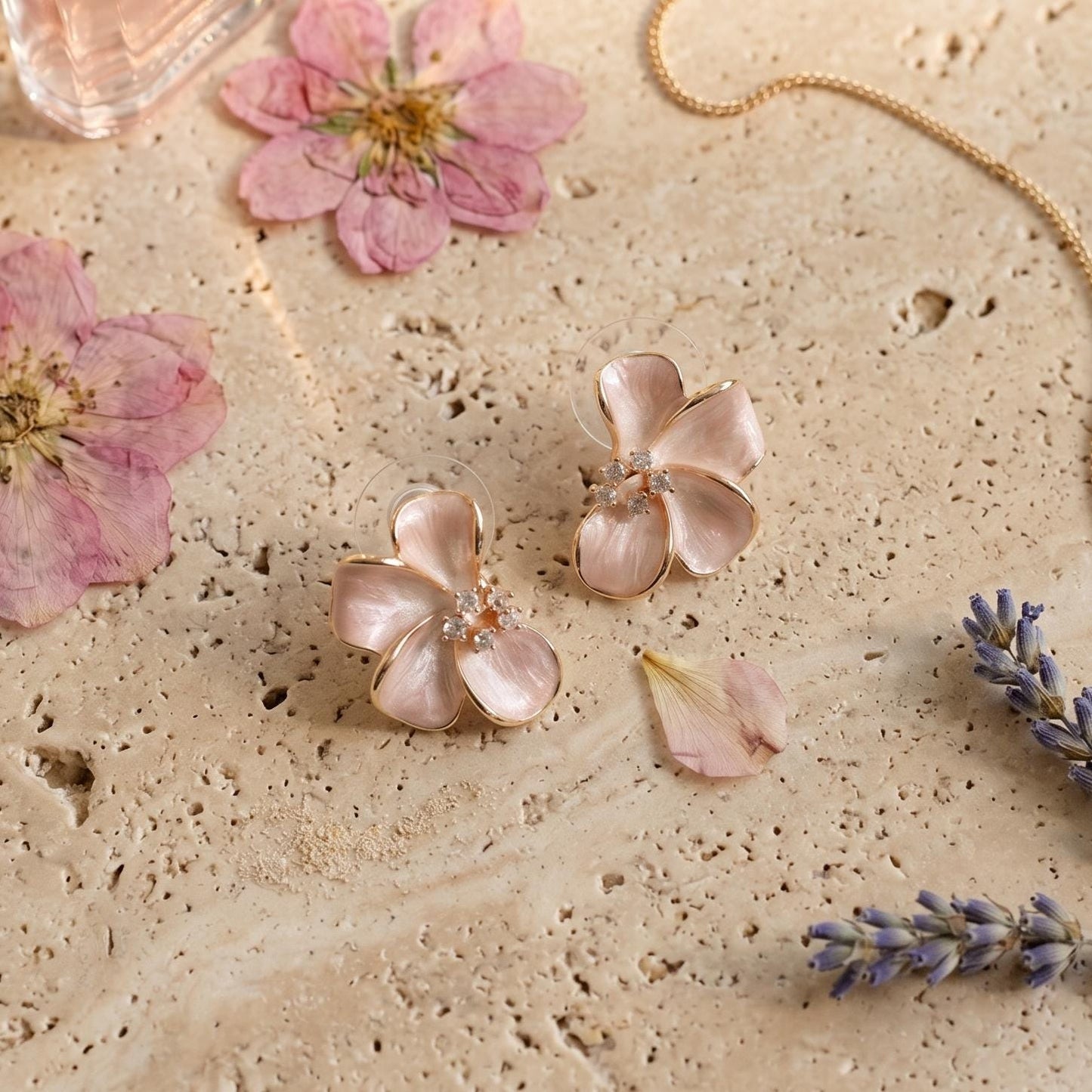 Pink Enamel Cherry Blossom Stud Earrings | Sakura Floral Jewelry
