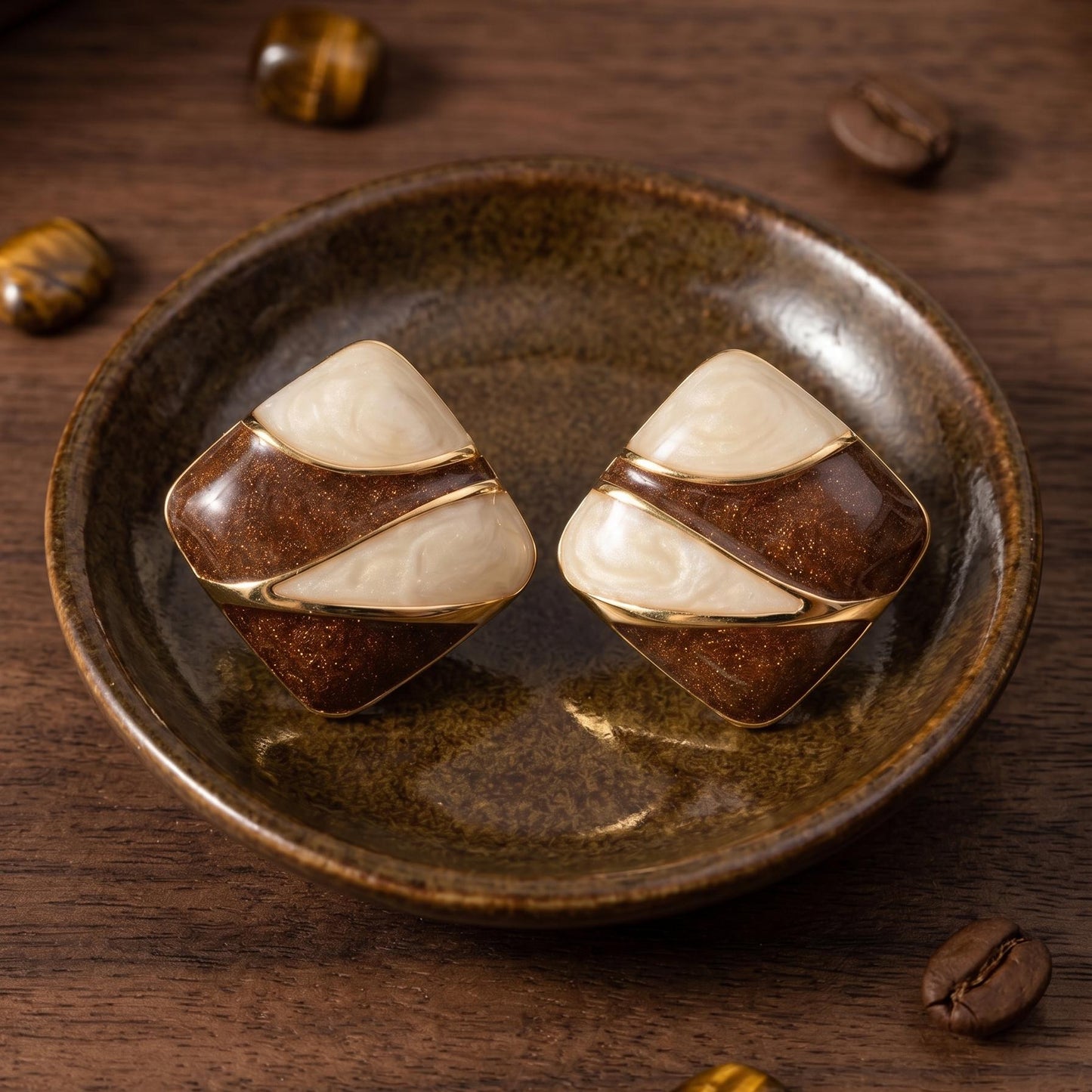 Enamel Stud Earrings | Brown and Cream Colorblock Square Design