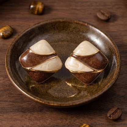 Enamel Stud Earrings | Brown and Cream Colorblock Square Design