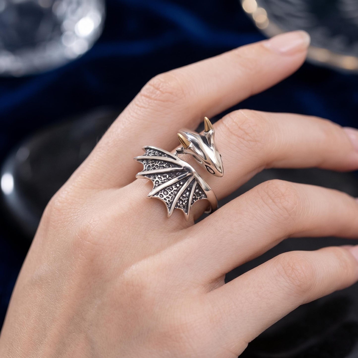 Dragon Wing Ring in Sterling Silver Adjustable, Fantasy Gothic Statement Jewelry