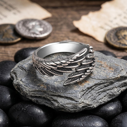 Unisex Sterling Silver Wing Ring - Adjustable 925 Angel Feather Band Jewelry for Men & Women