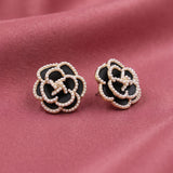Black Camellia Stud Earrings with Seed Pearl Trim