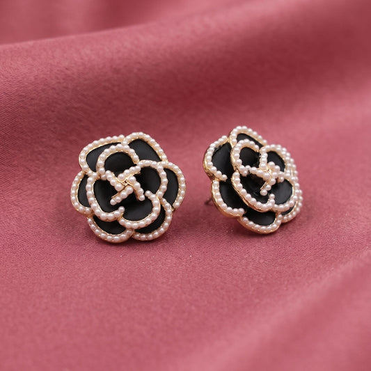 Black Camellia Stud Earrings with Seed Pearl Trim