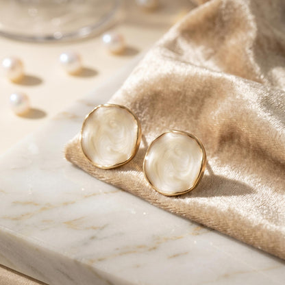 Pearlescent Round Stud Earrings | Minimalist Cream Enamel Button Earrings